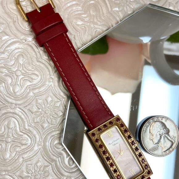 Marcel Drucker Red Gemstone Bezel Tank Style Watch with Pink MOP Dial - Picture 13 of 16